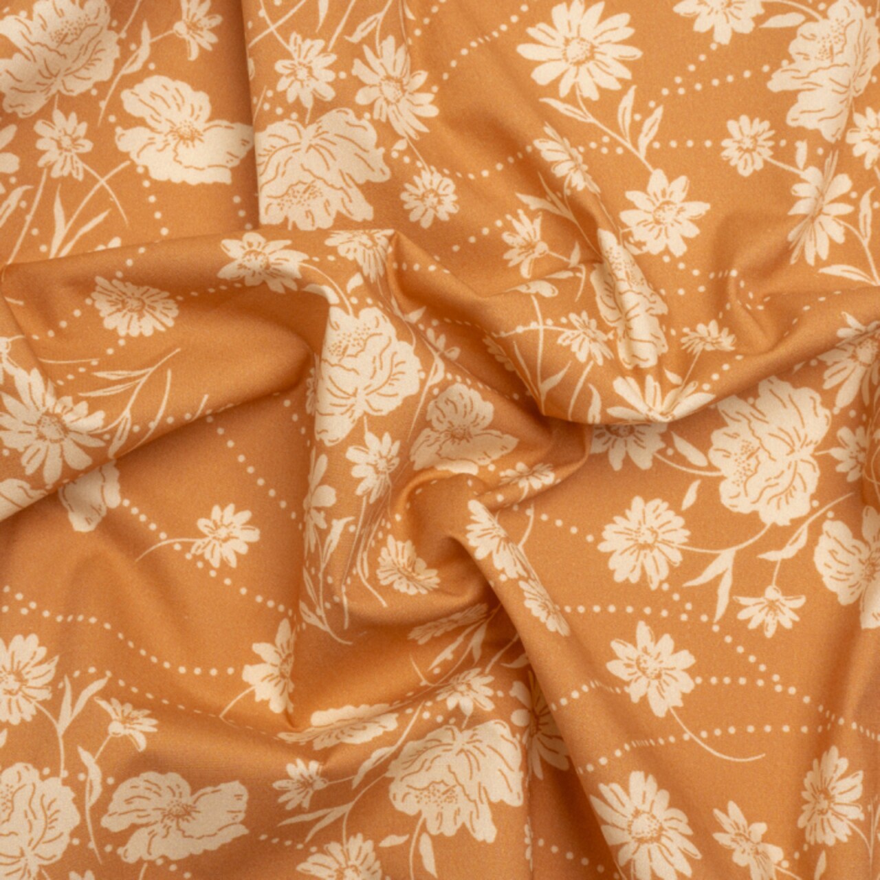 1 Yard Tan Floral Dotted Line Stretch Cotton Poplin Print Fabric